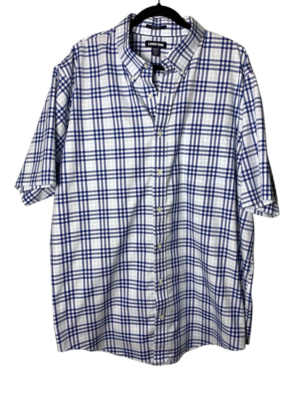 Lands End Mens 2XLT Blue Plaid No Iron Twill Short Sleeve Button Shirt Tall - Picture 11 of 16